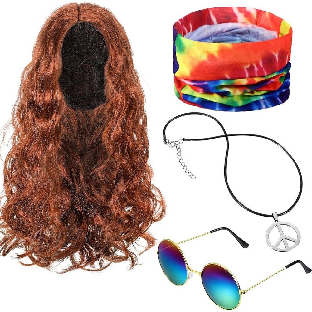Hippie Costume Set 4 Pieces Wig Necklace Sunglasses Headband 60s 70s Accessories
